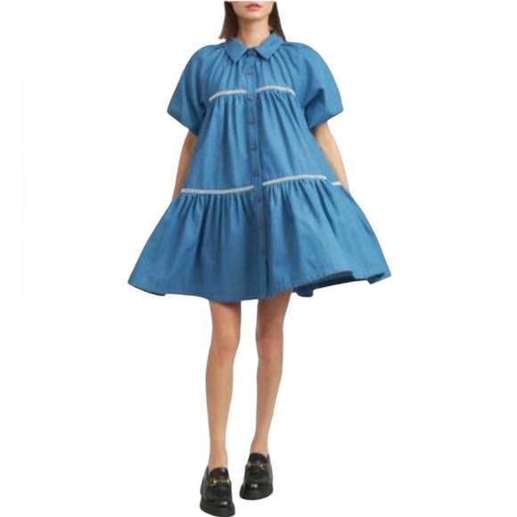 En Saison Tuckernuck Tara Puff Sleeve Tiered Babydoll Dress NWOT Cotton Denim - Picture 3 of 10